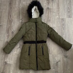 Olive Green Puffer Coat with Hood